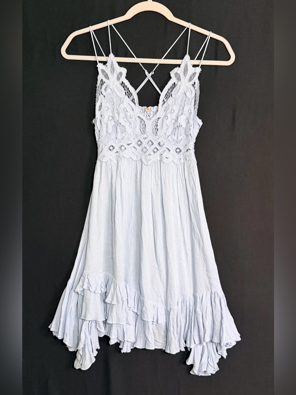 FP One Light Blue Lace-Trim Spaghetti Strap Mini Dress asymmetrical ruffle